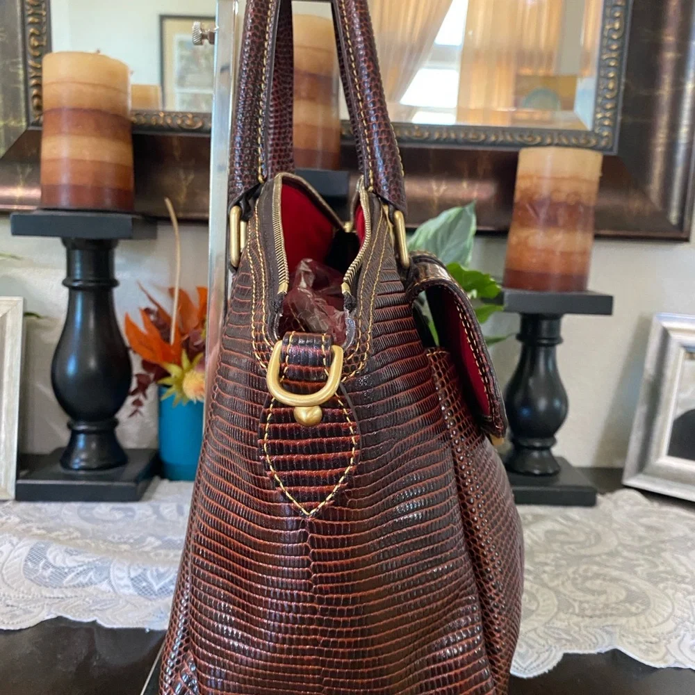 Dooney & Bourke Dark Brown Lizard-Embossed Satchel with Gold Hardware